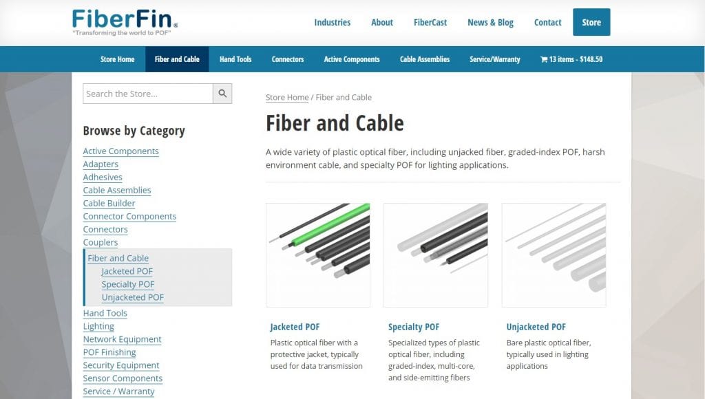 FiberFin Fiber & Cable Screenshot - E-Commerce by Wicked Good Web